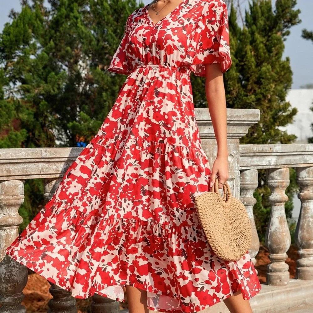 Bohemian Red Floral Print Butterfly Sleeve Maxi Dress - Picture 2 of 6